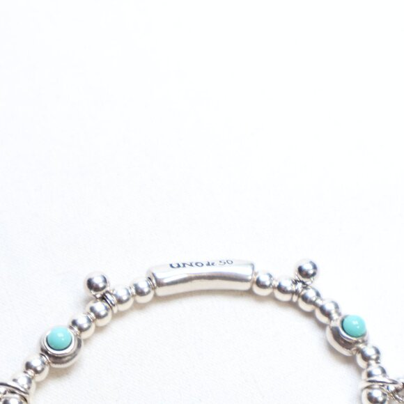 Uno de 50 Silver Tone Worship Turquoise Stretch Bracelet $80 MISSING 2 STONES! - Picture 4 of 5